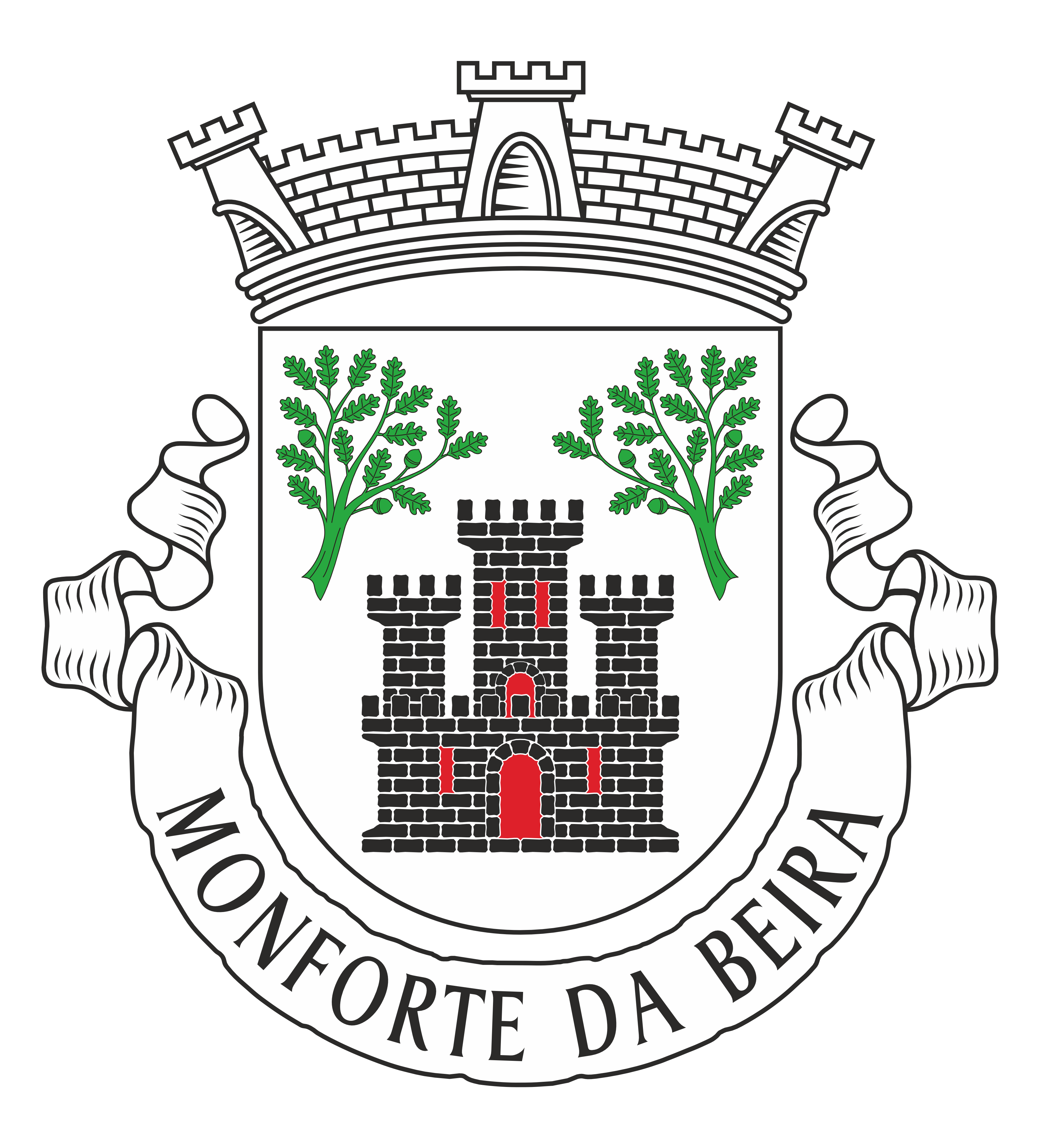 <p>Escudo de prata, castelo de negro aberto e frestado de vermelho e lavrado do campo; acantonados em chefe, dois ramos de sobreiro de verde. Coroa mural de prata de três torres. Listel branco, com a legenda a negro: “MONFORTE da BEIRA”.</p>
<p>(D.R. II Série nº 126, de 02/07/2009)</p>